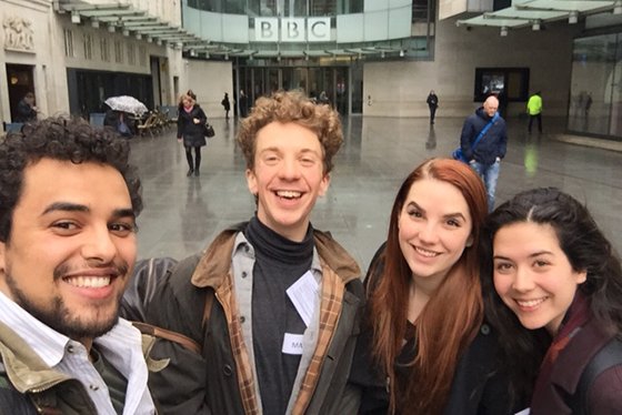 Four RADA acting students outside the BBC broadcasting centre