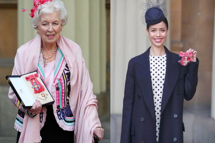 June Whitfield and Gugu Mbatha Raw outside Buckingham Palace after collecting Queens Birthday honours