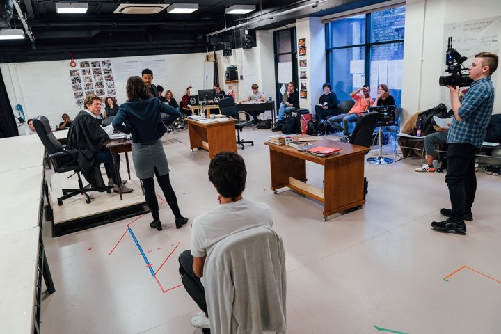 Actors and theatre arts professionals and students in a rehearsal studio for the Last Days of Judas Iscariot